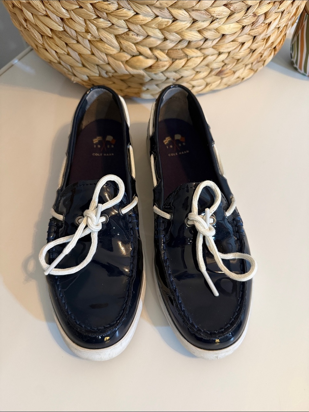 EUC Cole Haan Navy Patent Leather Loafers with White Laces
